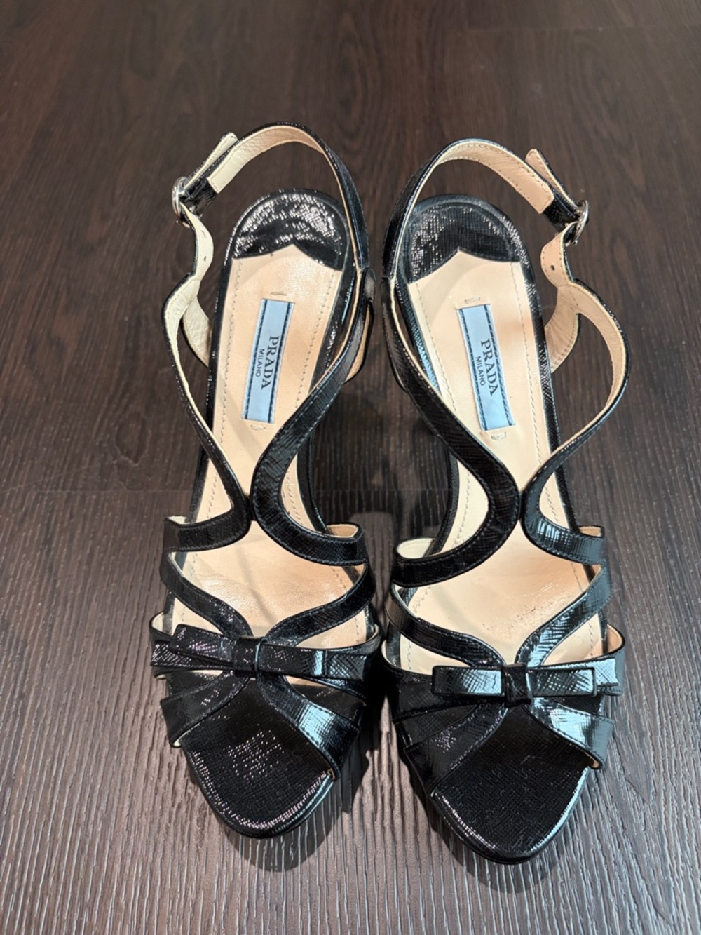 Prada Black Patent Leather Strappy Bow Heels